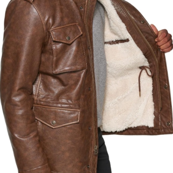 Levi's Men's 4-Pocket Field Military Jacket Large Saddle Faux Leather Sherpa - Picture 2 of 14